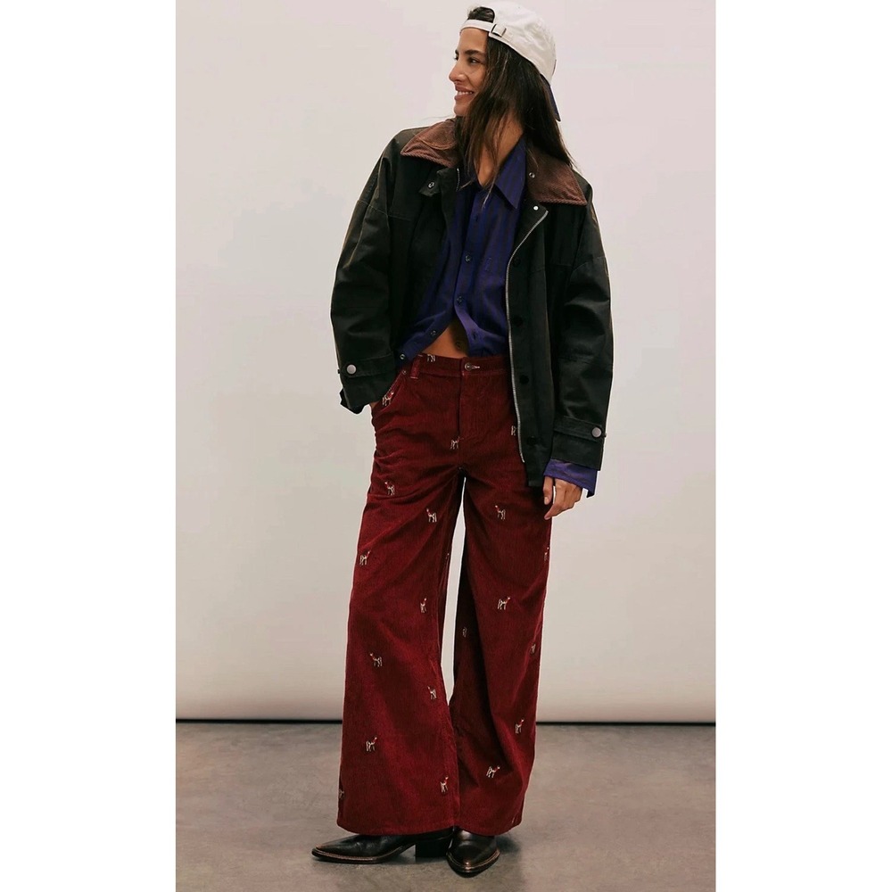 We The Free Clifton Corduroy Pant 26 Embroidered Deer Wide Leg Boho Whimsy Fall